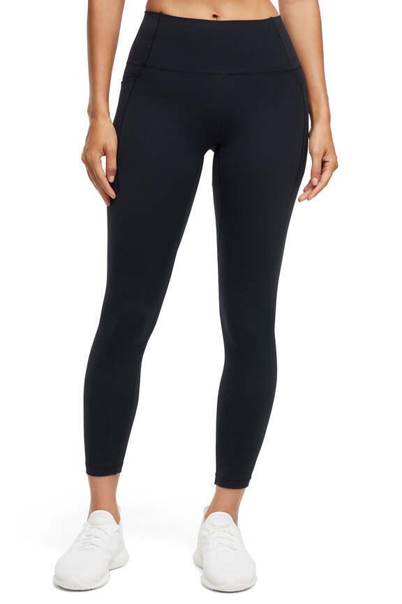 Kate Side Pocket Legging, alternate angle view, showing visible design features and texture of the stretch knit fabric.. #color_black