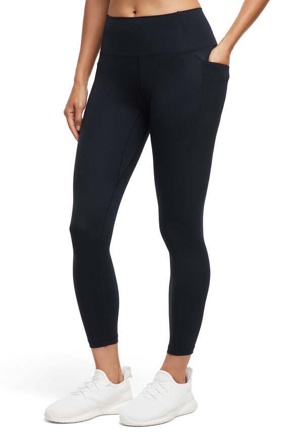 Kate Side Pocket Legging, alternate angle view, showing visible design features and texture of the stretch knit fabric.. #color_black