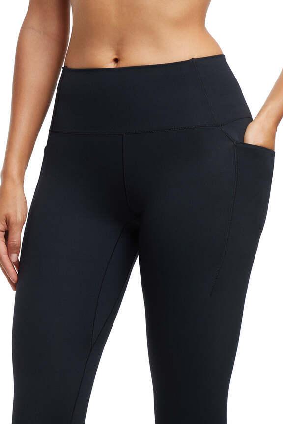 Kate Side Pocket Legging, alternate angle view, showing visible design features and texture of the stretch knit fabric.. #color_black