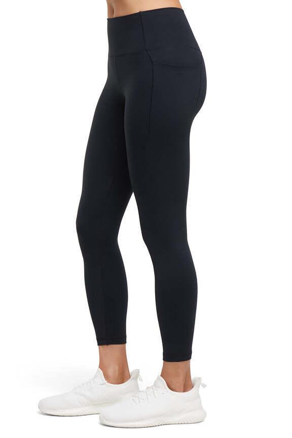 Kate Side Pocket Legging, alternate angle view, showing visible design features and texture of the stretch knit fabric.. #color_black