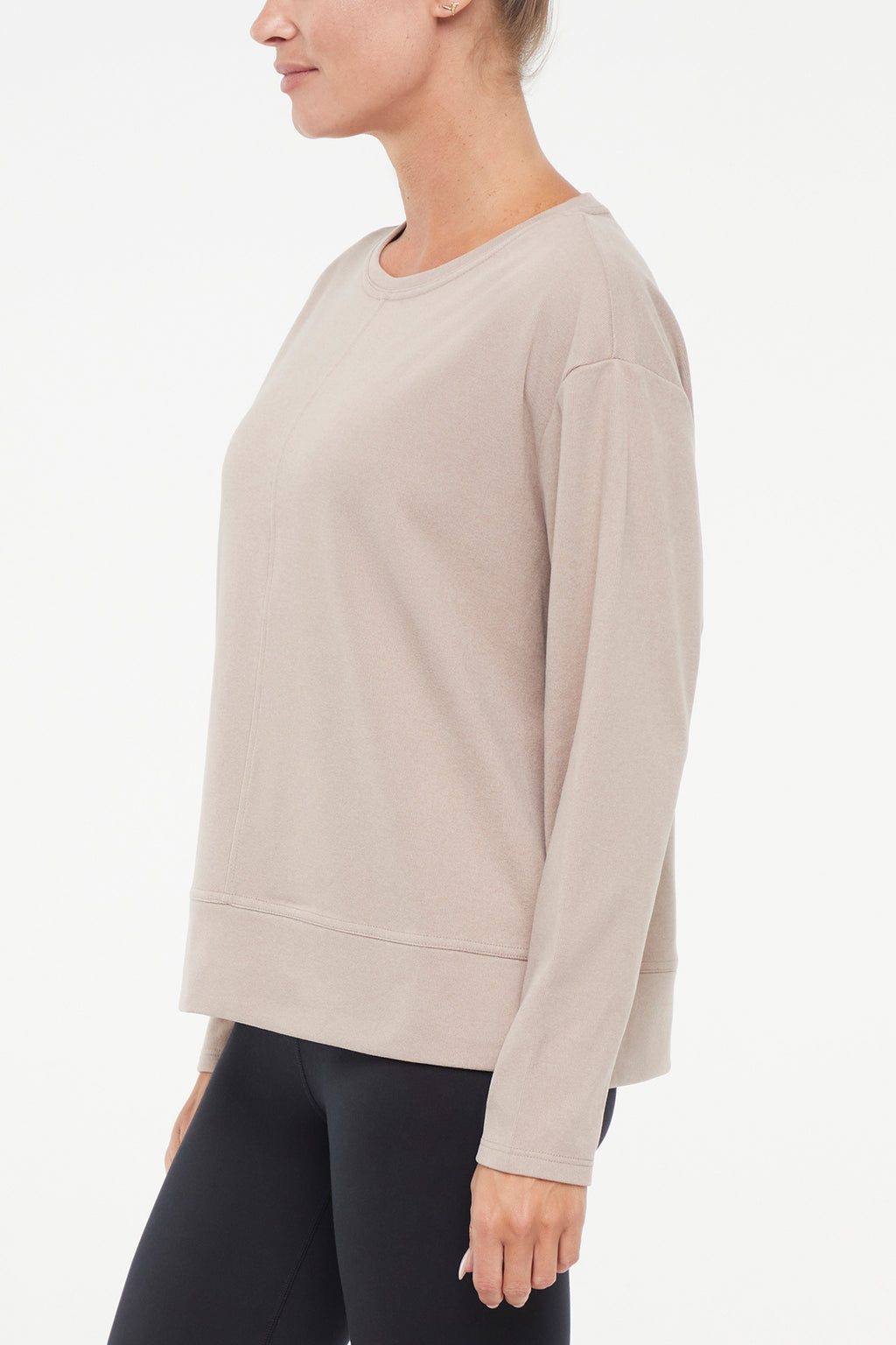 Riley Pullover, alternate angle view, showing visible design features and texture of the soft knit fabric.. #color_heather-atmosphere
