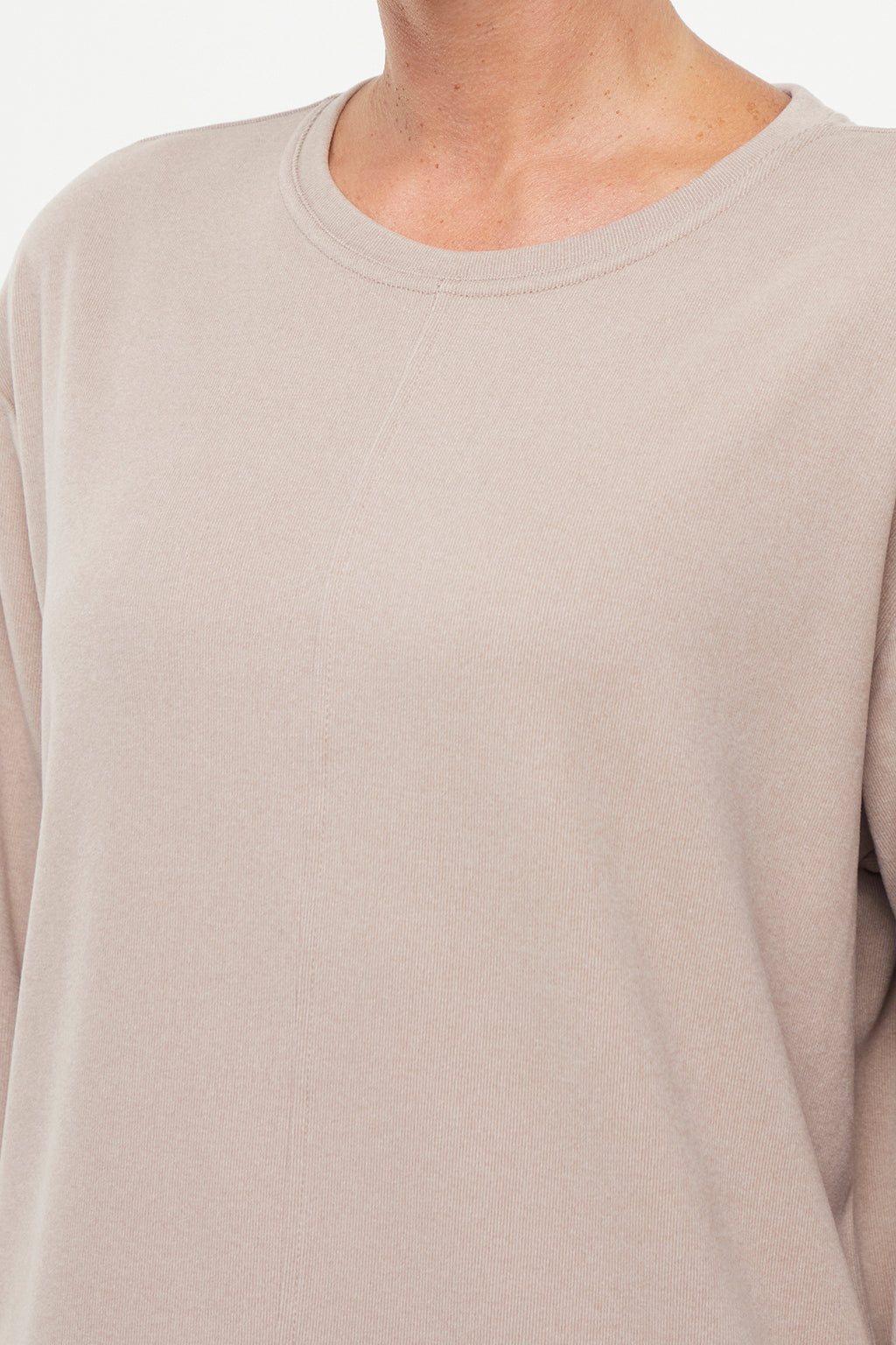 Riley Pullover, alternate angle view, showing visible design features and texture of the soft knit fabric.. #color_heather-atmosphere