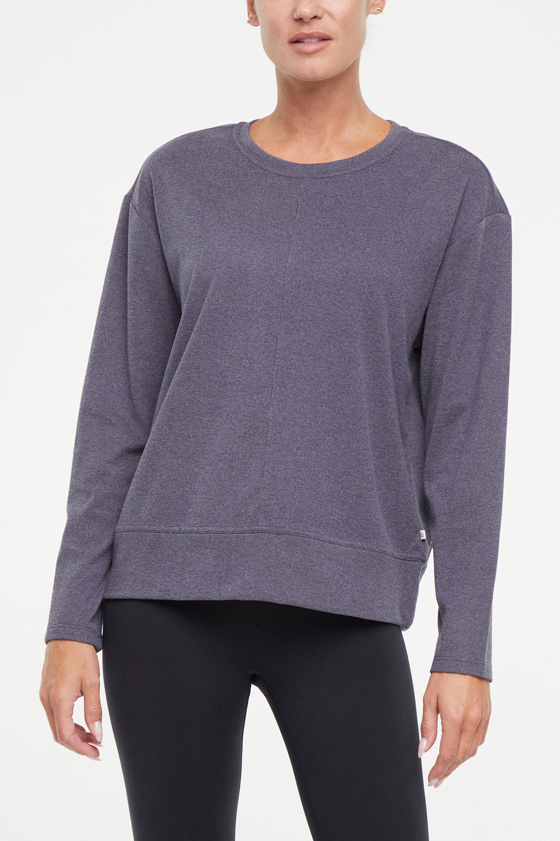 Riley Pullover, front view, showing visible design features and texture of the soft knit fabric..
