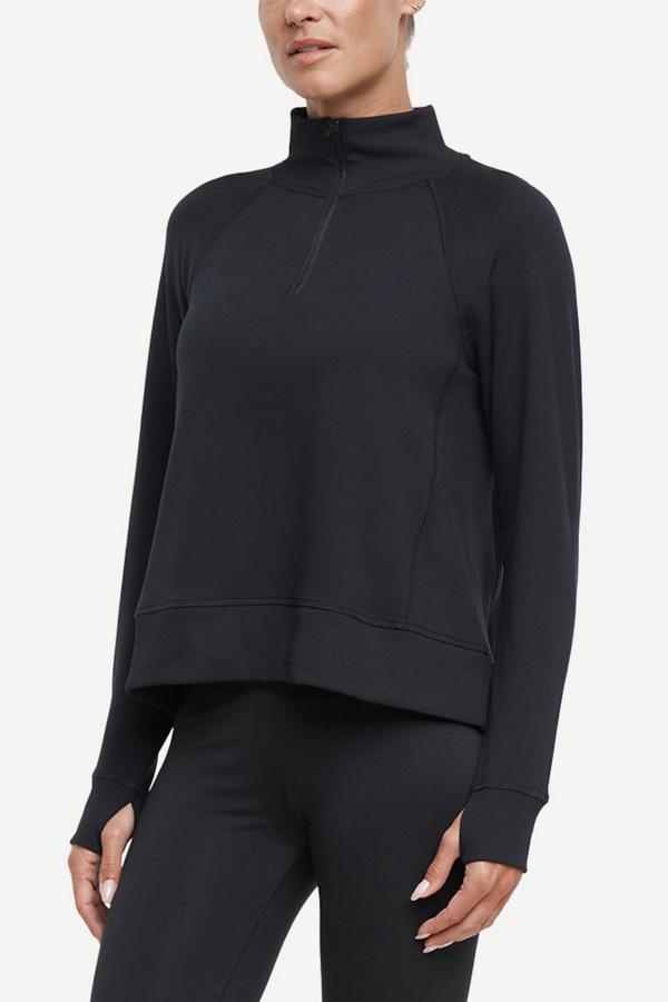 Mia 1/4 Zip Pullover, alternate angle view, showing visible design features and texture of the soft knit fabric.. 