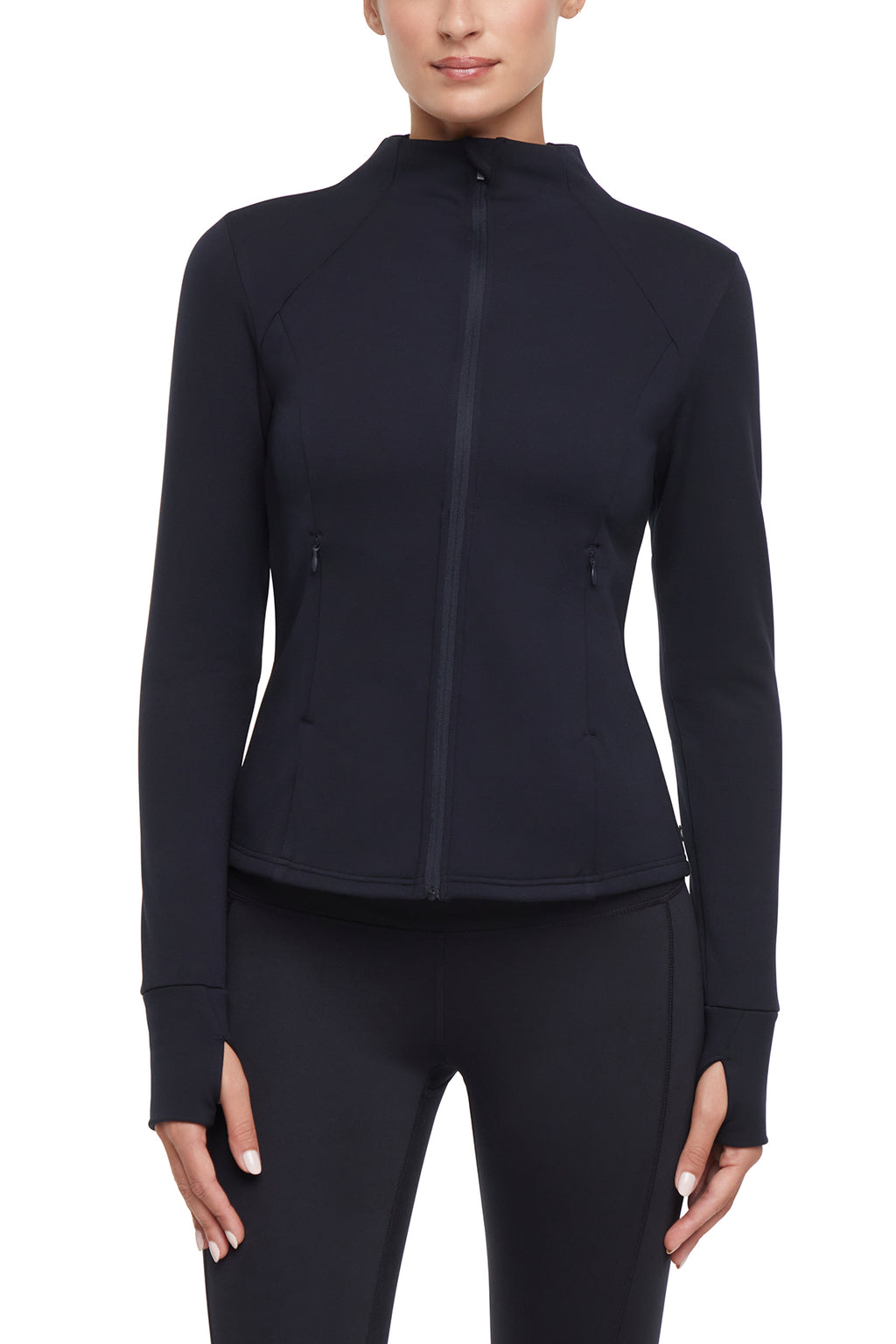 Audrie Jacket, alternate angle view, showing visible design features and texture of the smooth woven fabric.. #color_black