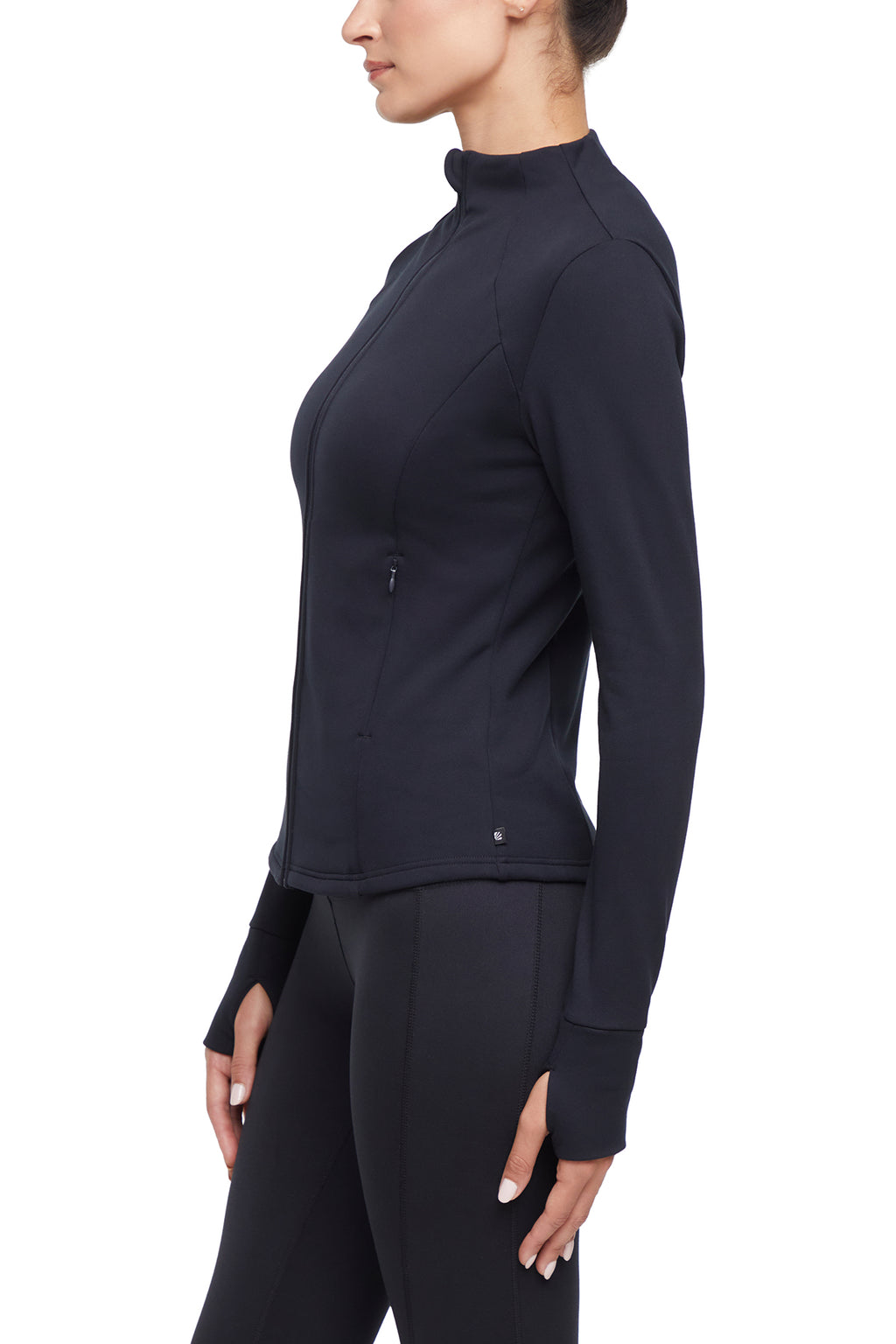 Audrie Jacket, alternate angle view, showing visible design features and texture of the smooth woven fabric.. #color_black