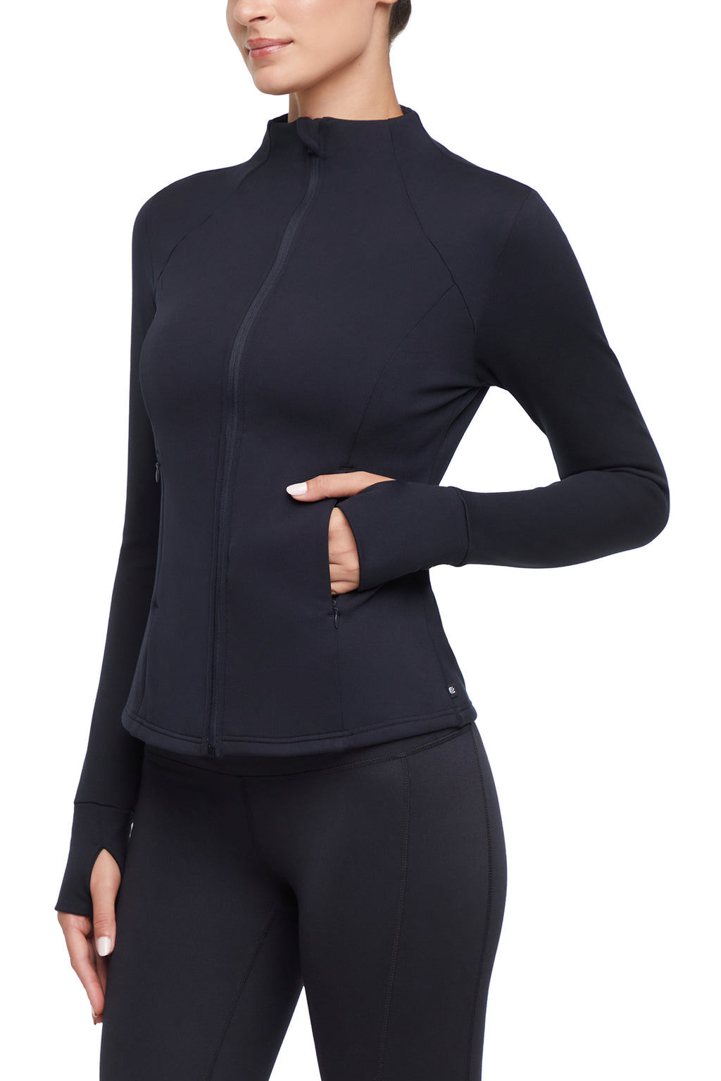 Audrie Jacket, alternate angle view, showing visible design features and texture of the smooth woven fabric.. #color_black