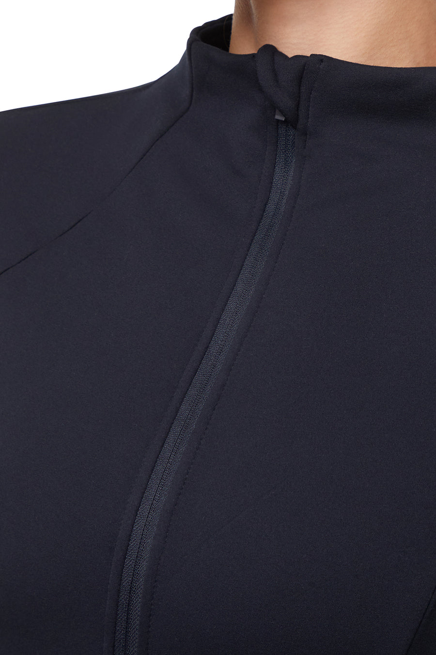 Audrie Jacket, alternate angle view, showing visible design features and texture of the smooth woven fabric.. #color_black
