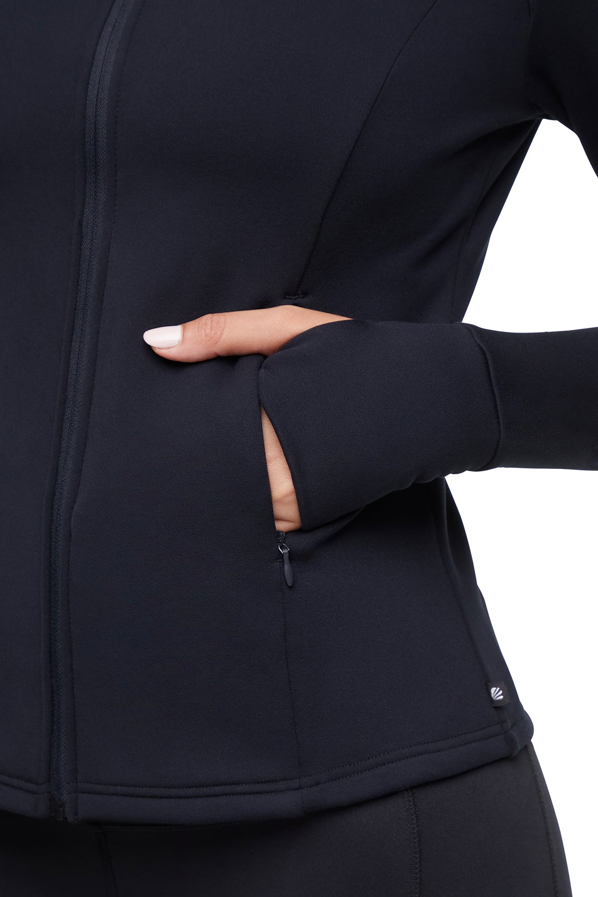 Audrie Jacket, alternate angle view, showing visible design features and texture of the smooth woven fabric.. #color_black