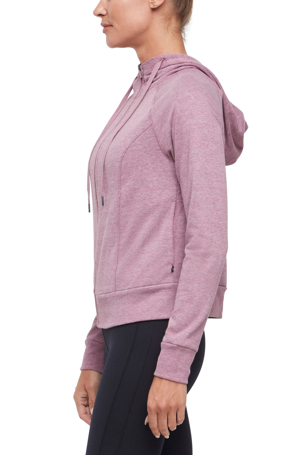 Lyla Jacket, close-up view of fabric and stitching, showing visible design features and texture of the smooth woven fabric.. #color_heather-fig