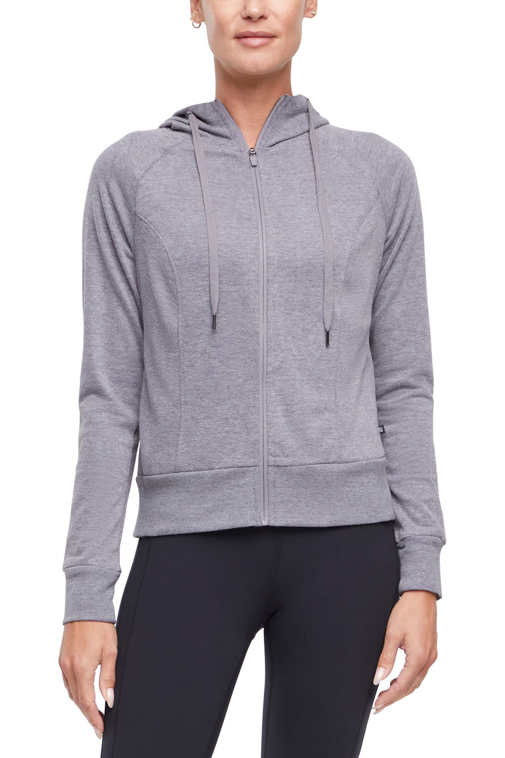 Lyla Jacket, alternate angle view, showing visible design features and texture of the smooth woven fabric.. #color_heather-charcoal