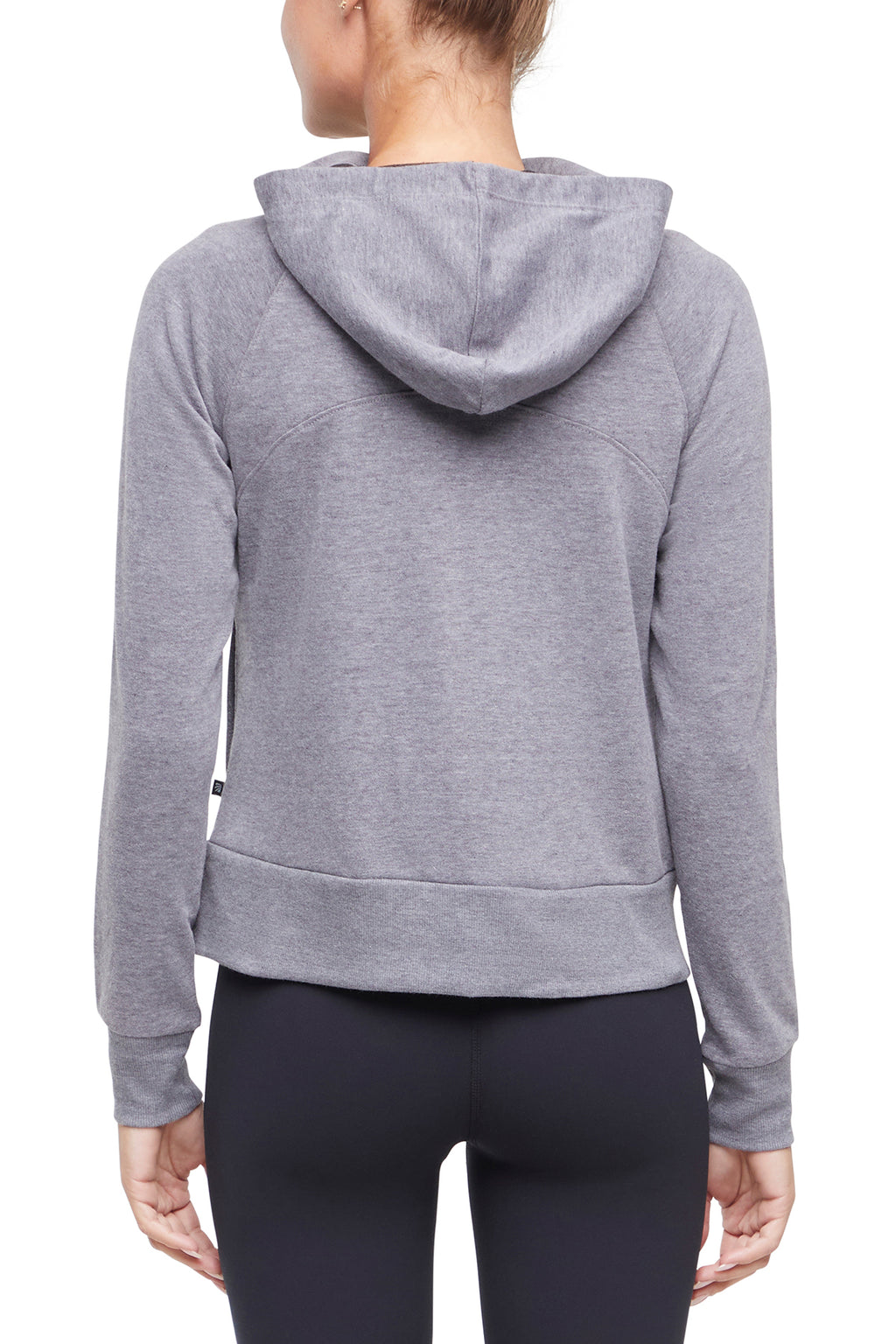 Lyla Jacket, alternate angle view, showing visible design features and texture of the smooth woven fabric.. #color_heather-charcoal