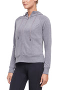Lyla Jacket, alternate angle view, showing visible design features and texture of the smooth woven fabric.. #color_heather-charcoal