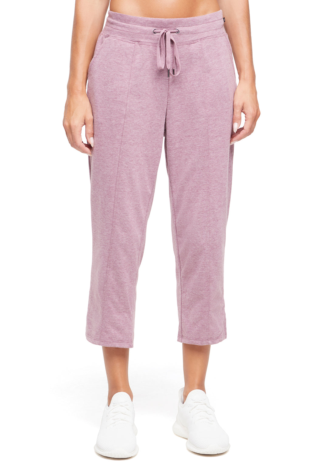 Lyla Mid Calf Capri, alternate angle view, showing visible design features and texture of the soft knit fabric.. #color_heather-fig