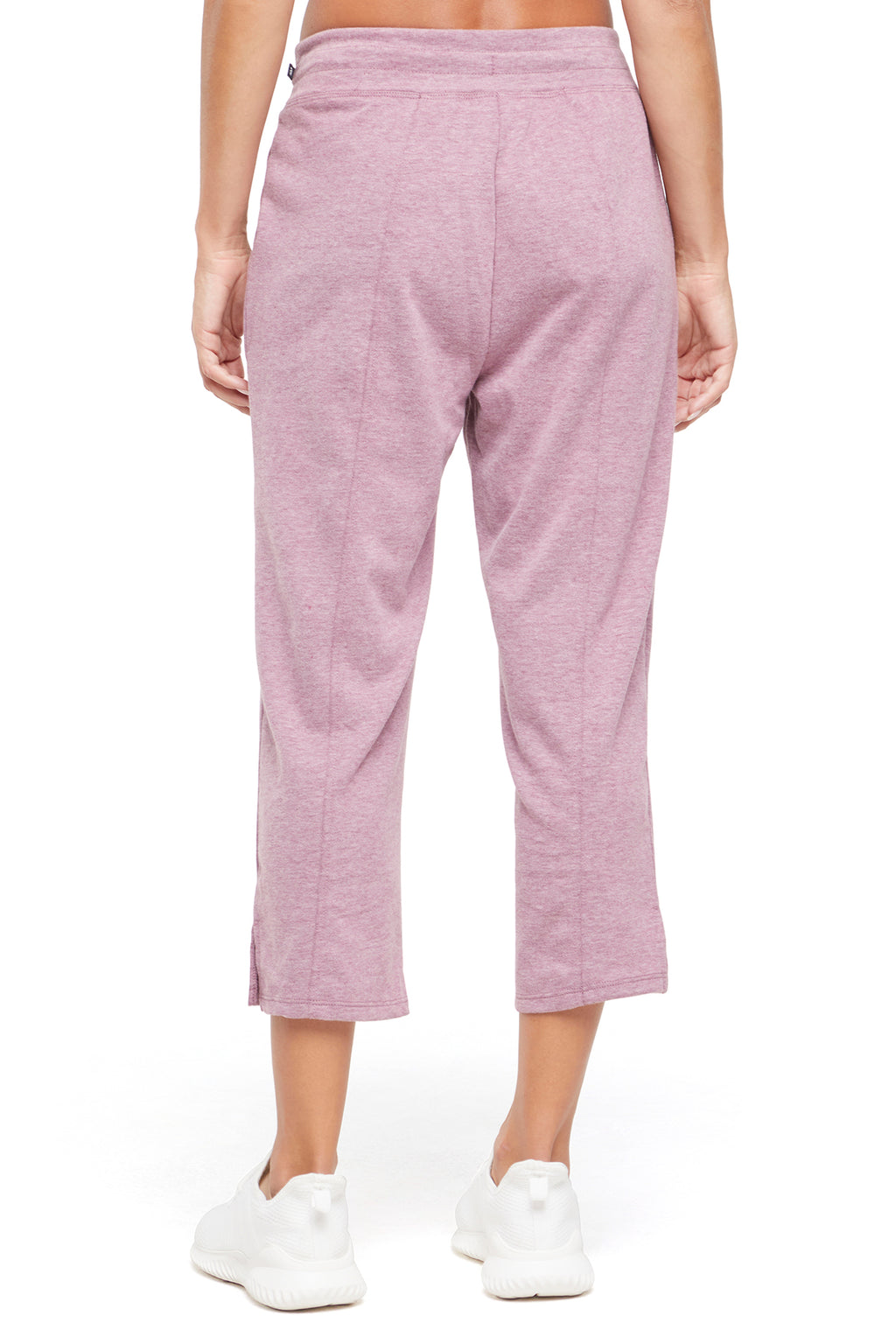 Lyla Mid Calf Capri, alternate angle view, showing visible design features and texture of the soft knit fabric.. #color_heather-fig