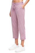 Lyla Mid Calf Capri, alternate angle view, showing visible design features and texture of the soft knit fabric.. #color_heather-fig