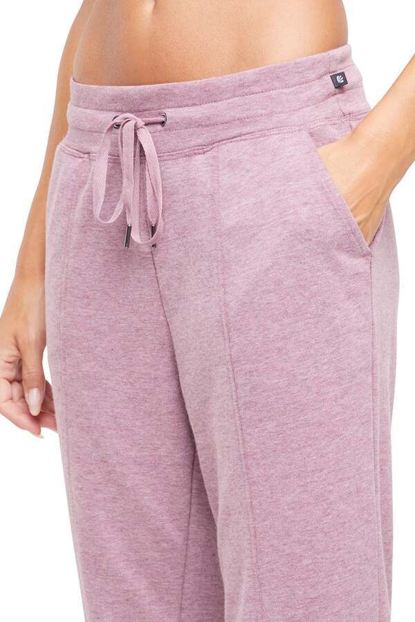 Lyla Mid Calf Capri, alternate angle view, showing visible design features and texture of the soft knit fabric.. #color_heather-fig