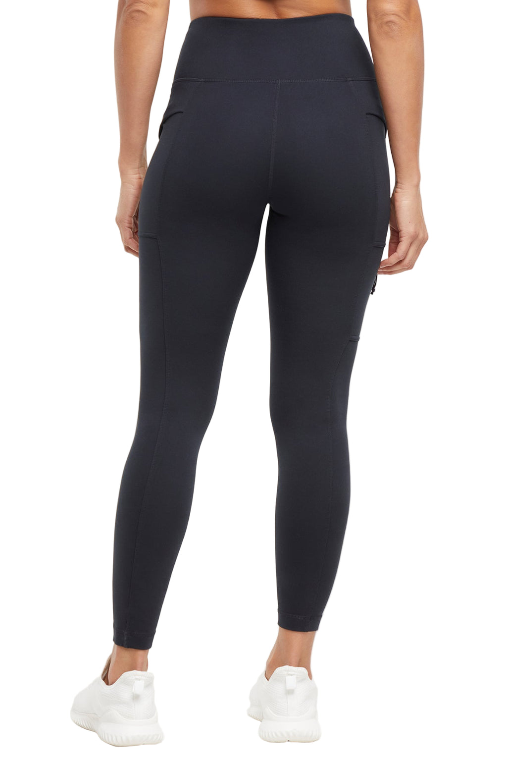 Faye Side Pocket Legging, alternate angle view, showing visible design features and texture of the stretch knit fabric.. #color_black