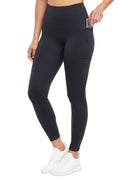 Faye Side Pocket Legging, alternate angle view, showing visible design features and texture of the stretch knit fabric.. #color_black