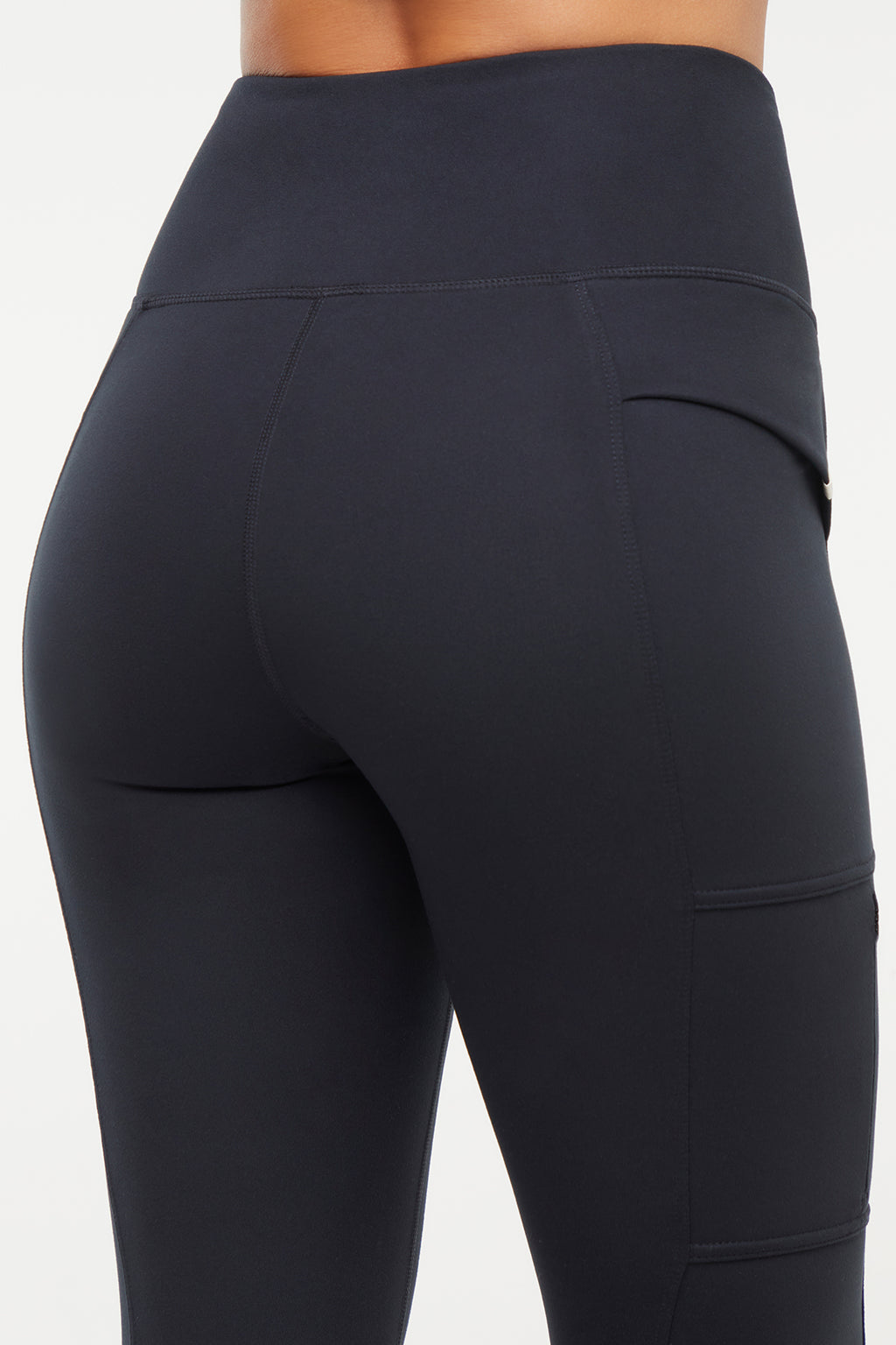 Faye Side Pocket Legging, alternate angle view, showing visible design features and texture of the stretch knit fabric.. #color_black