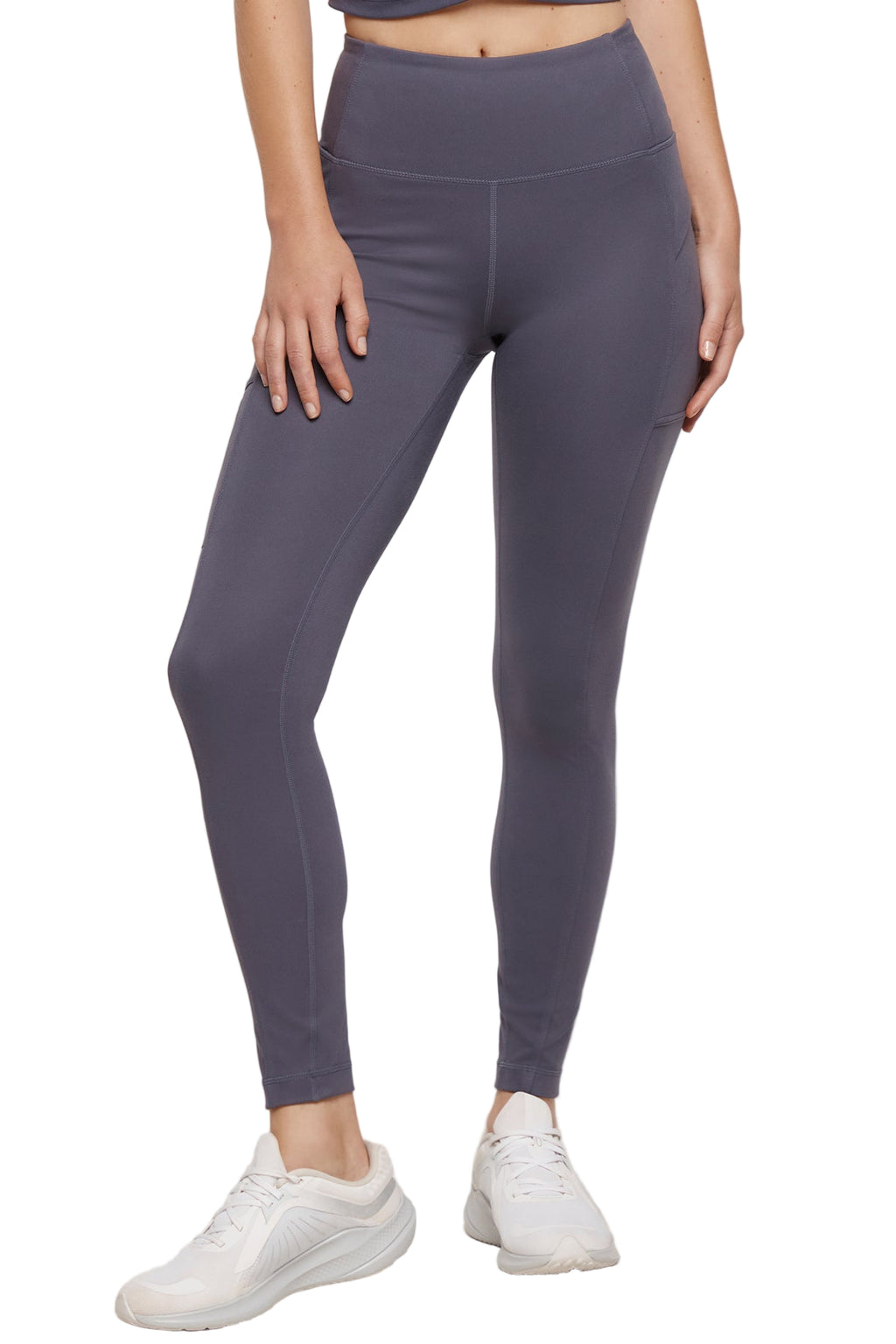 Faye Side Pocket Legging, close-up view of fabric and stitching, showing visible design features and texture of the stretch knit fabric.. #color_graystone