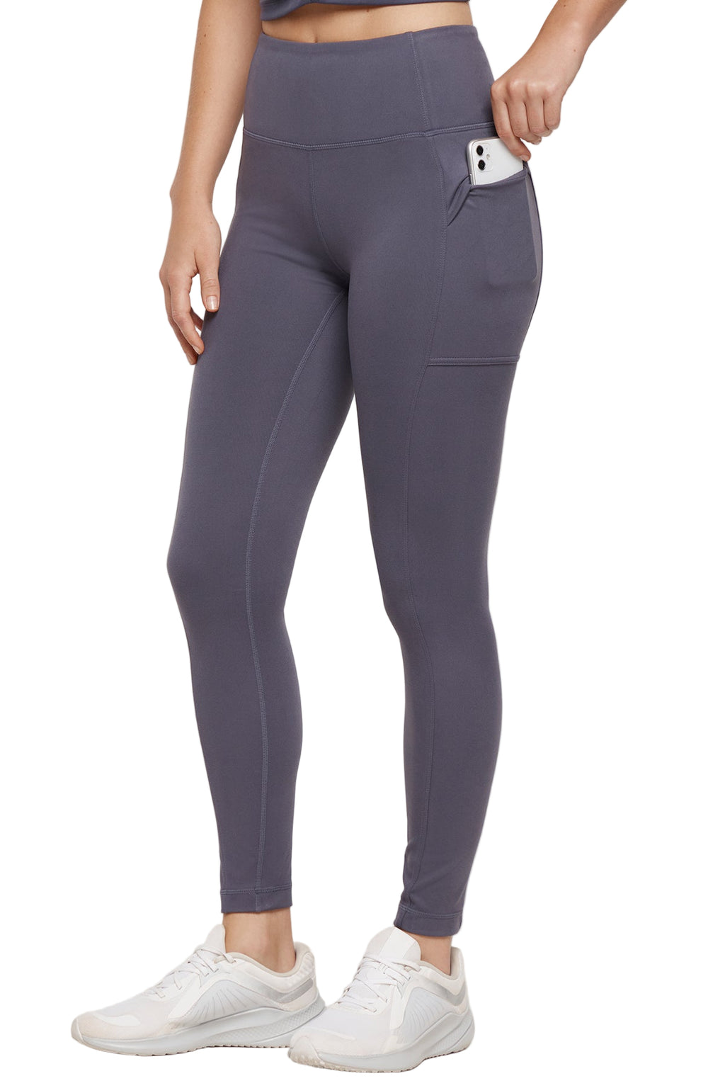 Faye Side Pocket Legging, front view, showing visible design features and texture of the stretch knit fabric.. #color_graystone