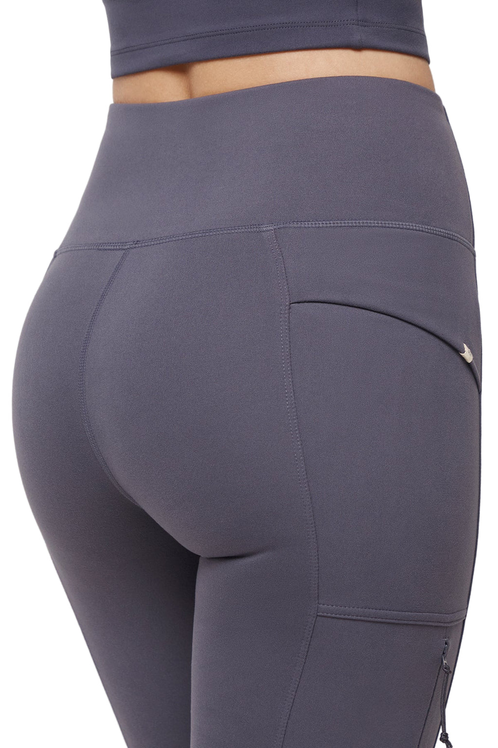 Faye Side Pocket Legging, side view showing pocket placement, showing visible design features and texture of the stretch knit fabric.. #color_graystone