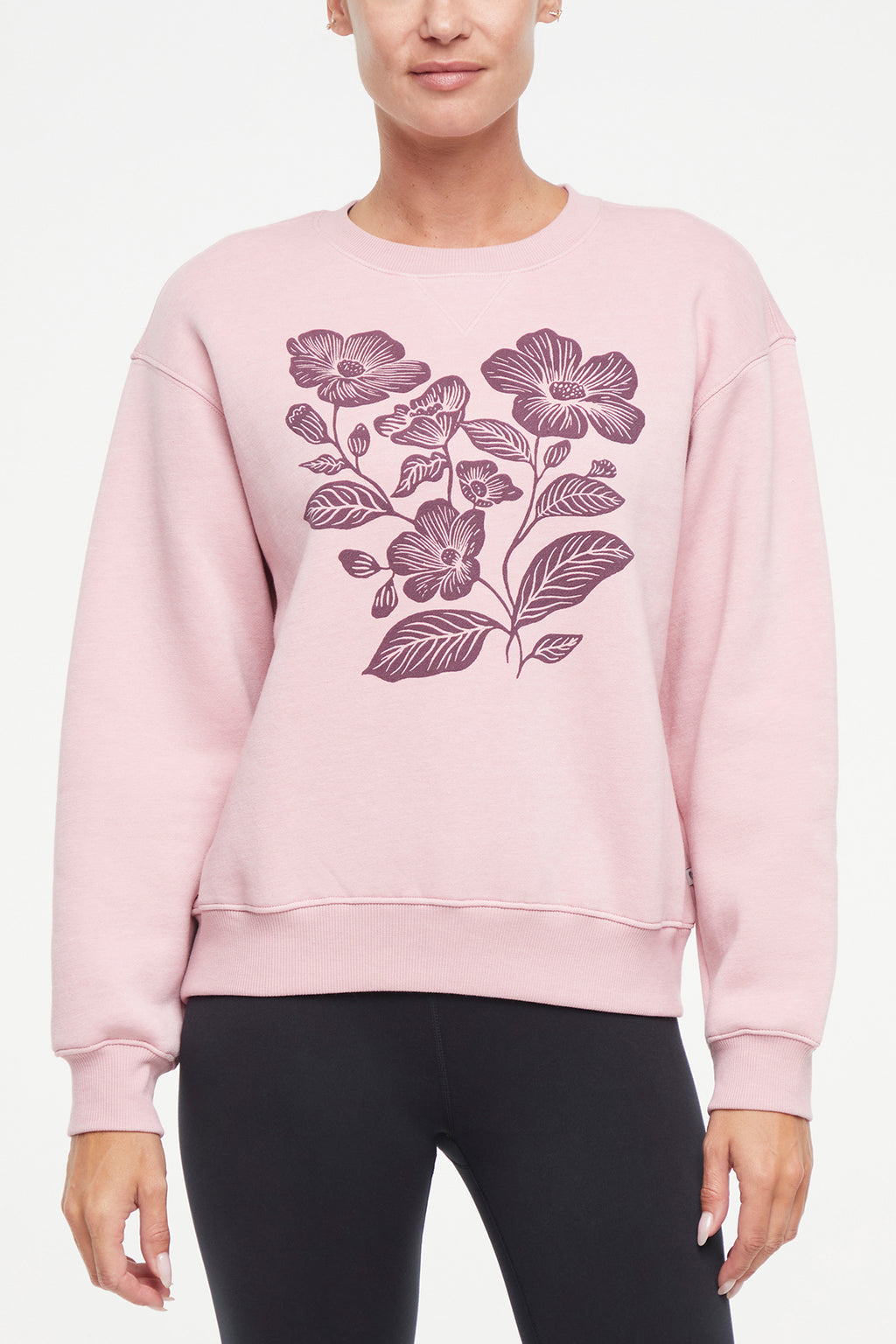 Meira Fleece Sweatshirt, alternate angle view, showing visible design features and texture of the soft knit fabric.. #color_heather-zephyr-floral-outlines