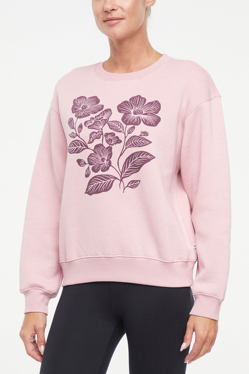 Meira Fleece Sweatshirt, front view, showing visible design features and texture of the soft knit fabric.. #color_heather-zephyr-floral-outlines