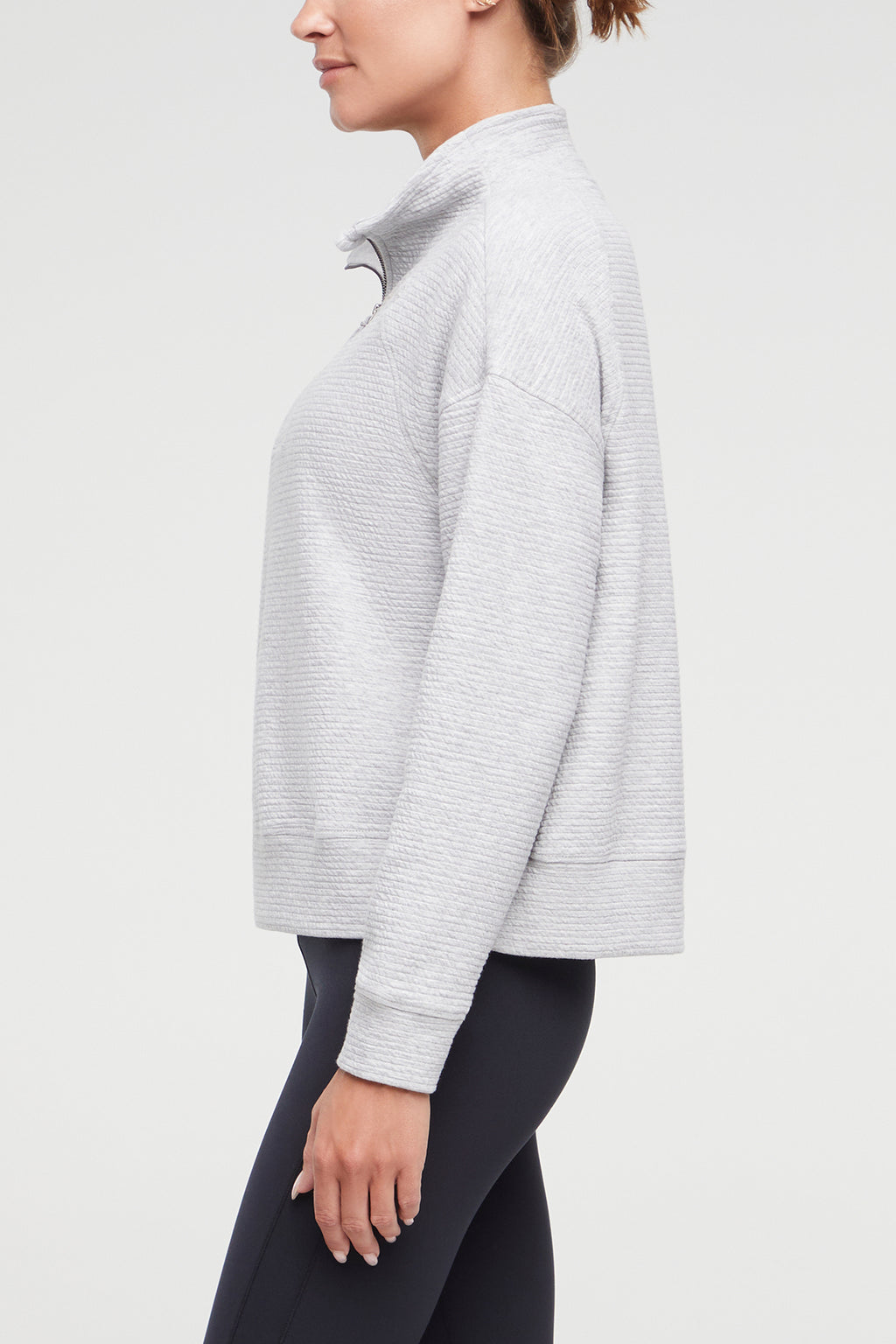 Freyi Pullover, alternate angle view, showing visible design features and texture of the soft knit fabric.. #color_heather-grey