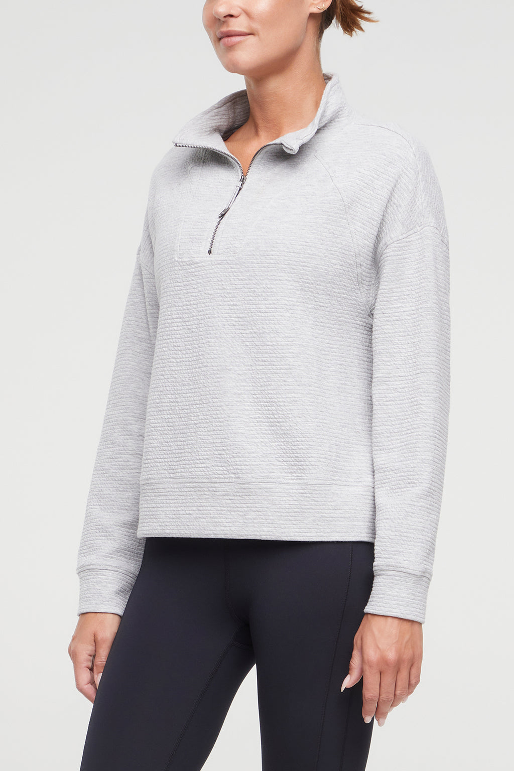 Freyi Pullover, alternate angle view, showing visible design features and texture of the soft knit fabric.. #color_heather-grey