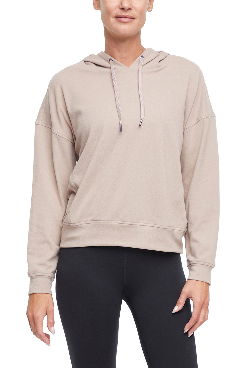 Riley Hoodie, alternate angle view, showing visible design features and texture of the soft fleece fabric.. #color_heather-atmosphere