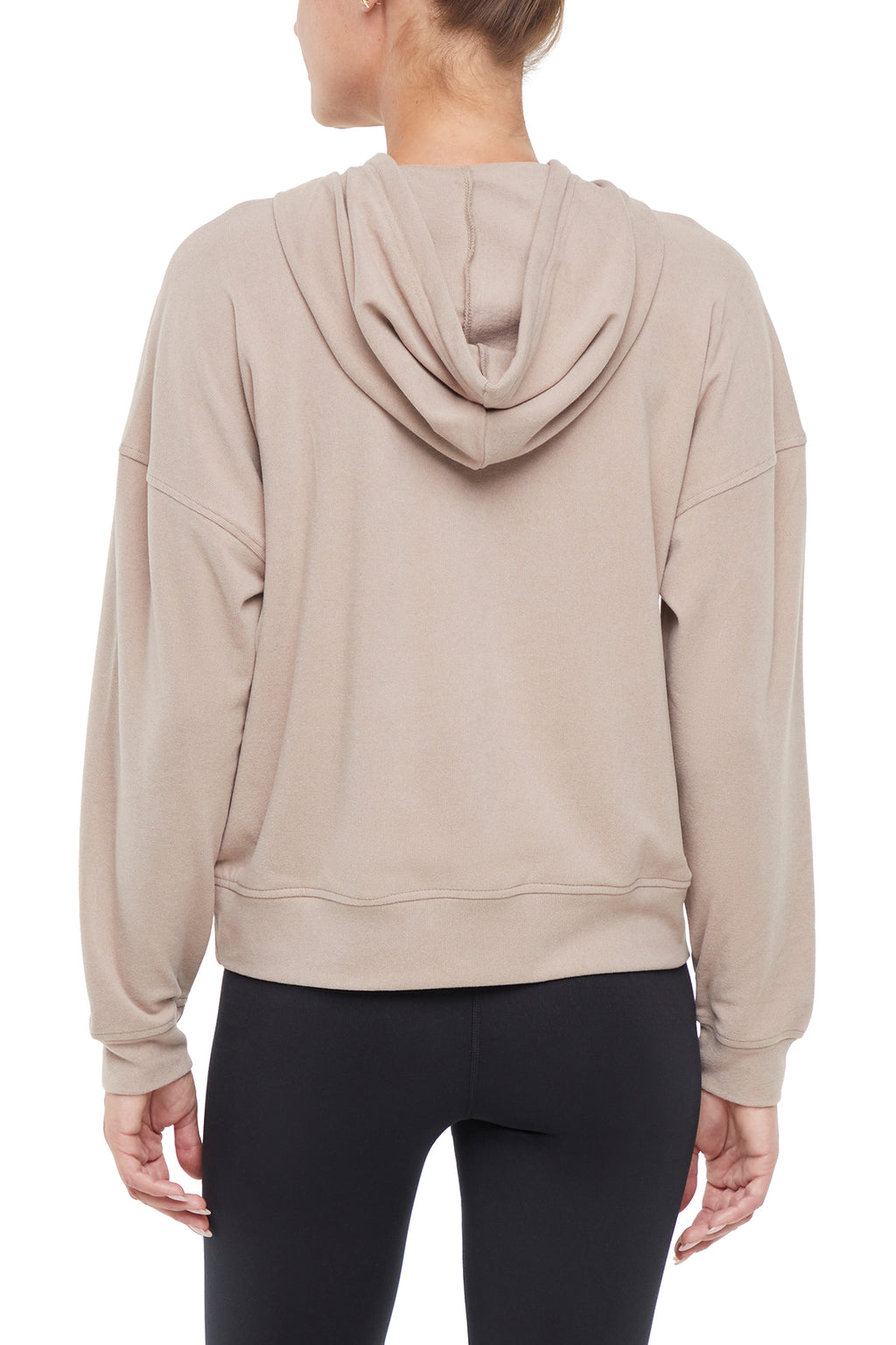 Riley Hoodie, alternate angle view, showing visible design features and texture of the soft fleece fabric.. #color_heather-atmosphere