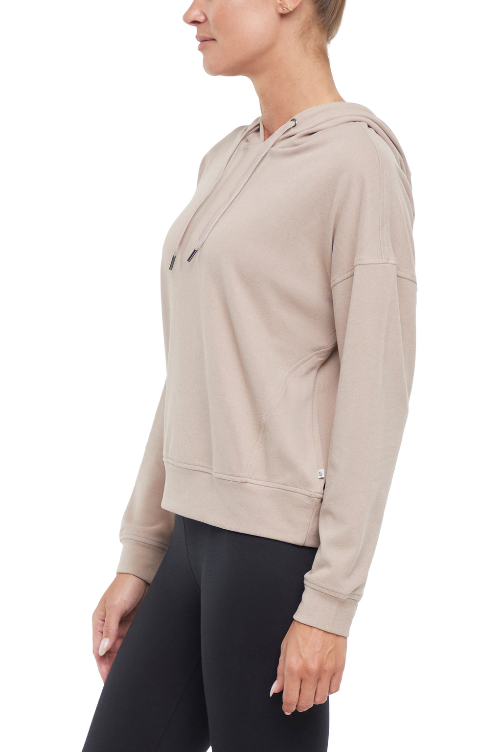 Riley Hoodie, alternate angle view, showing visible design features and texture of the soft fleece fabric.. #color_heather-atmosphere