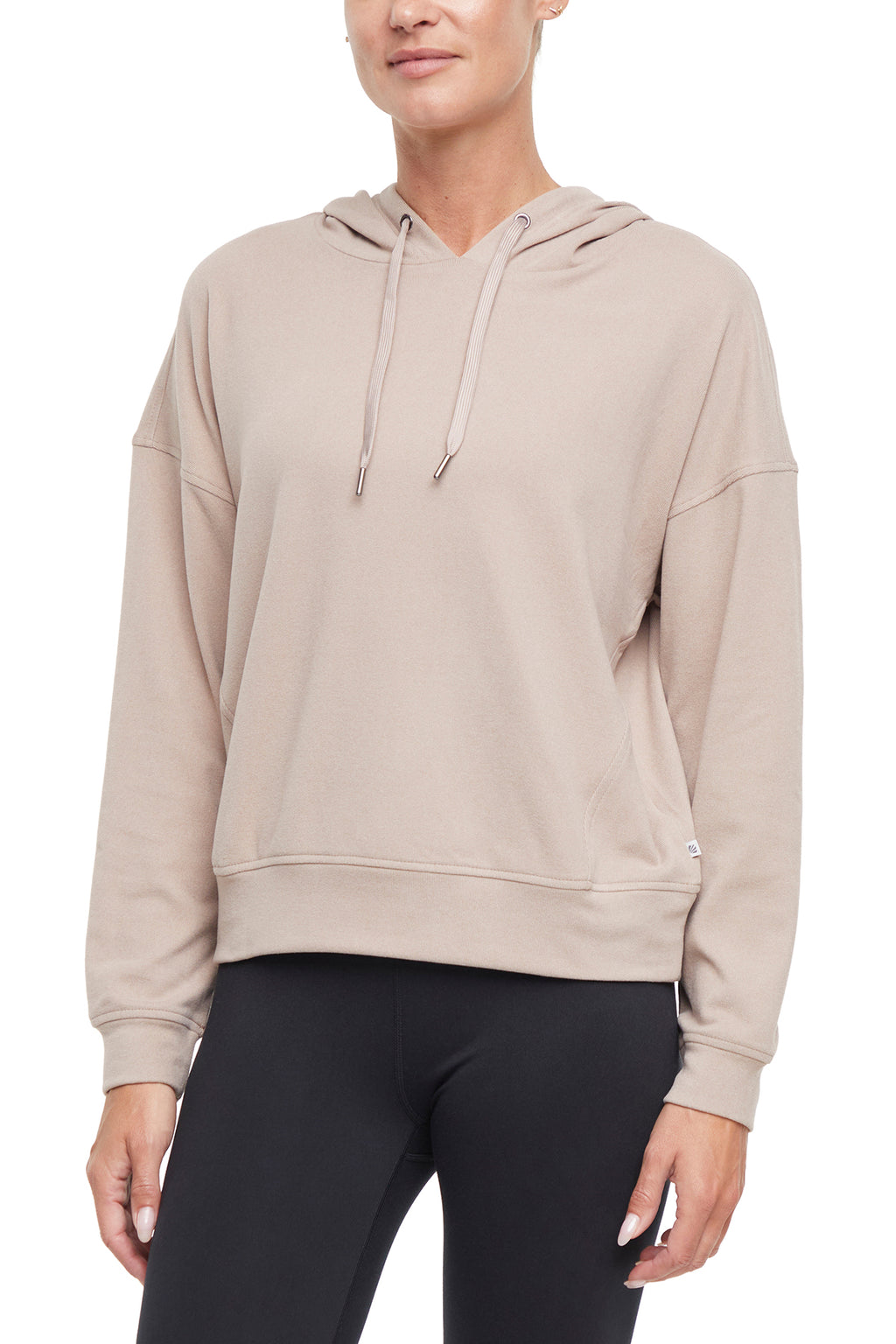 Riley Hoodie, alternate angle view, showing visible design features and texture of the soft fleece fabric.. #color_heather-atmosphere
