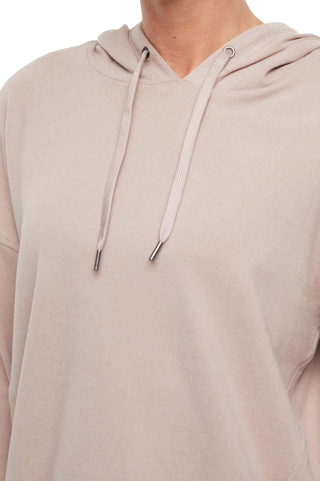 Riley Hoodie, alternate angle view, showing visible design features and texture of the soft fleece fabric.. #color_heather-atmosphere