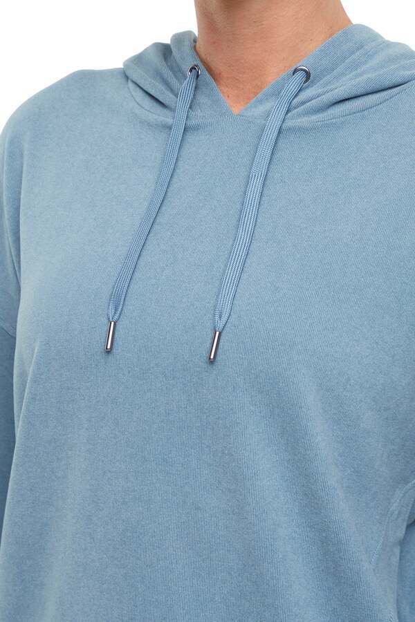 Riley Hoodie, back view, showing visible design features and texture of the soft fleece fabric.. 