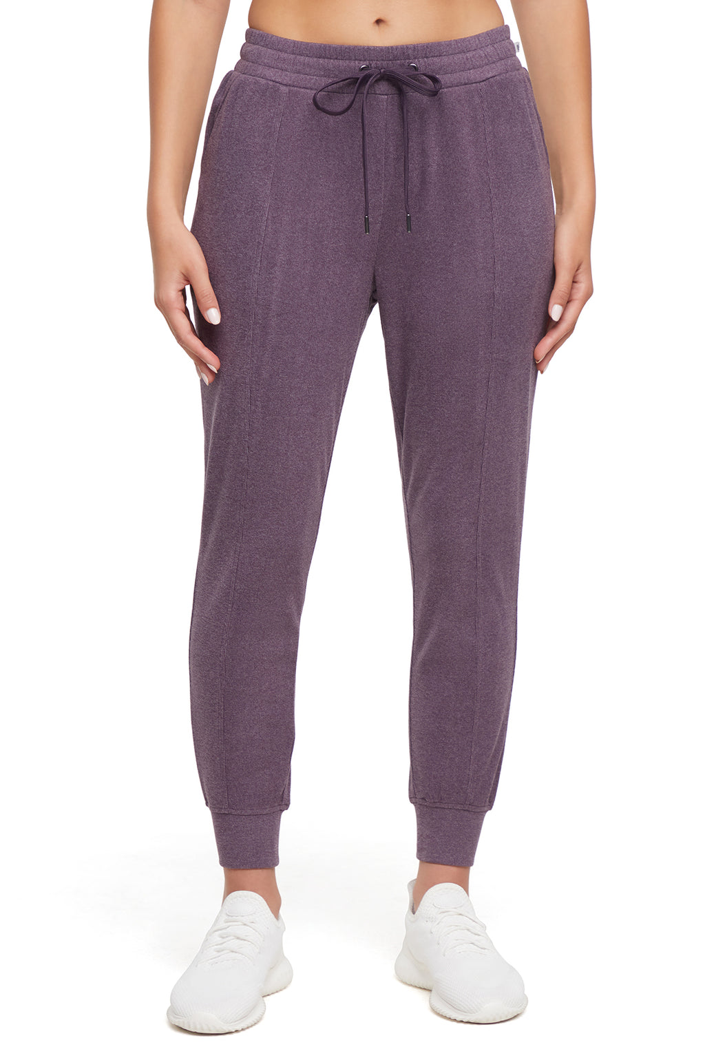 Riley Jogger, alternate angle view, showing visible design features and texture of the soft knit fabric.. #color_heather-plum-perfect