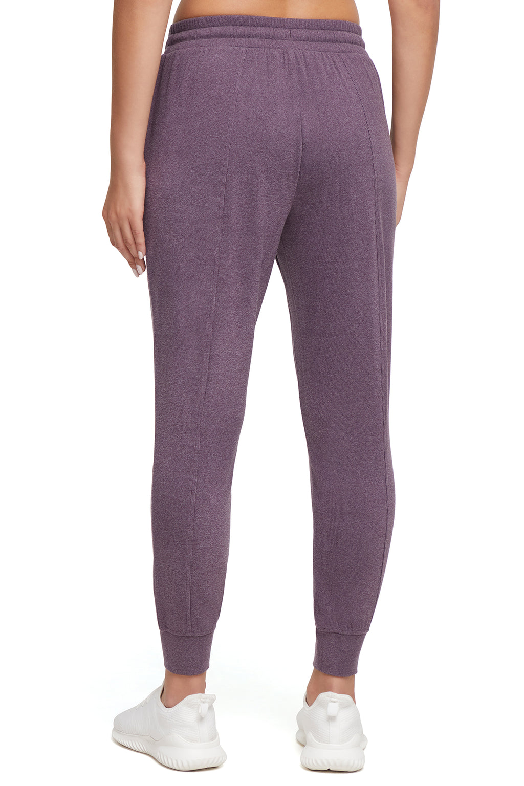 Riley Jogger, alternate angle view, showing visible design features and texture of the soft knit fabric.. #color_heather-plum-perfect