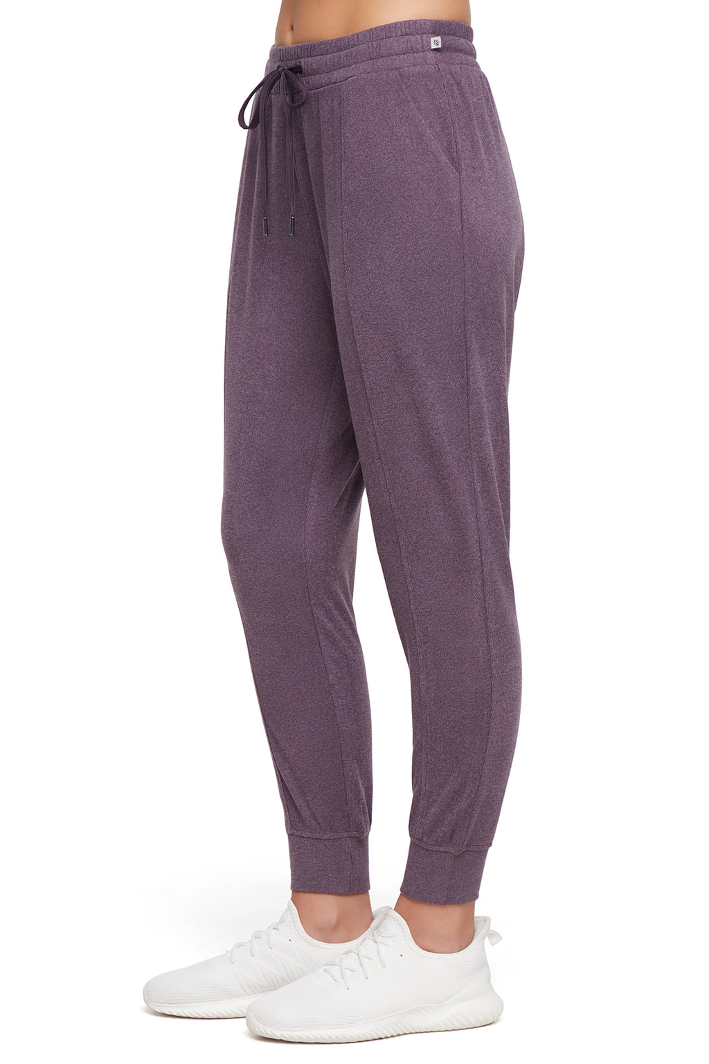 Riley Jogger, alternate angle view, showing visible design features and texture of the soft knit fabric.. #color_heather-plum-perfect