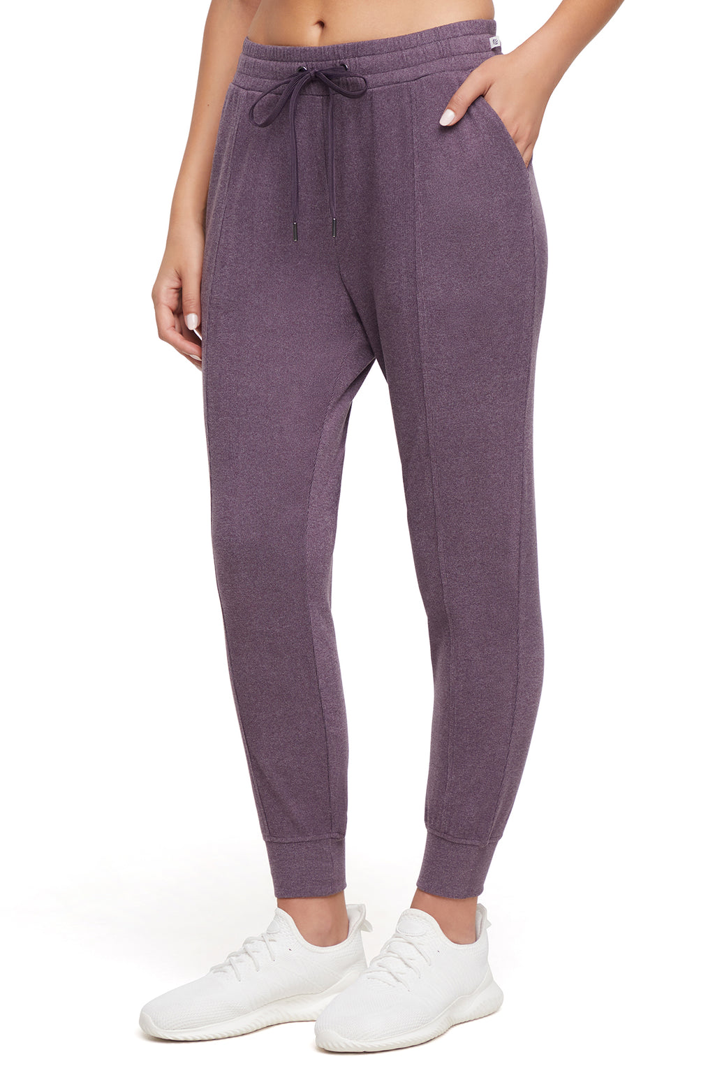 Riley Jogger, alternate angle view, showing visible design features and texture of the soft knit fabric.. #color_heather-plum-perfect