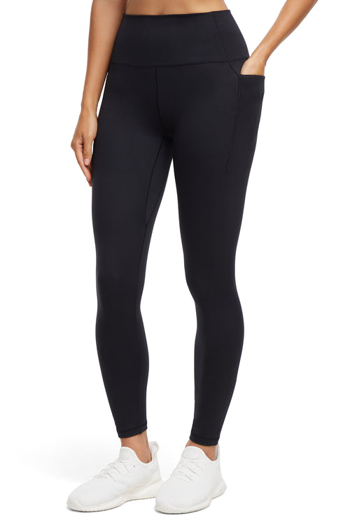 Kelly Side Pocket Legging, alternate angle view, showing visible design features and texture of the stretch knit fabric. #color_black