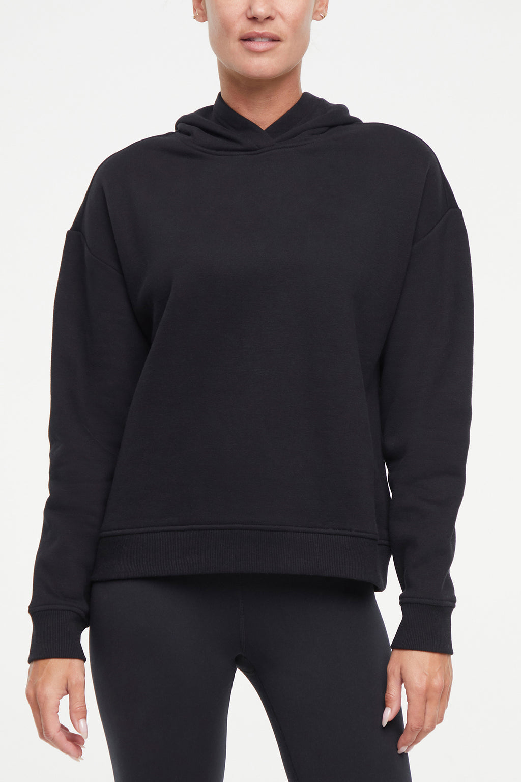 Camila Hoodie, alternate angle view, showing visible design features and texture of the soft fleece fabric.. #color_black
