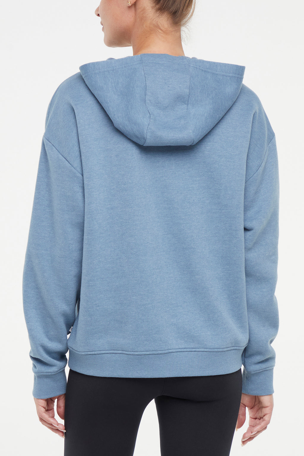 Camila Hoodie, alternate angle view, showing visible design features and texture of the soft fleece fabric.. #color_heather-bluestone