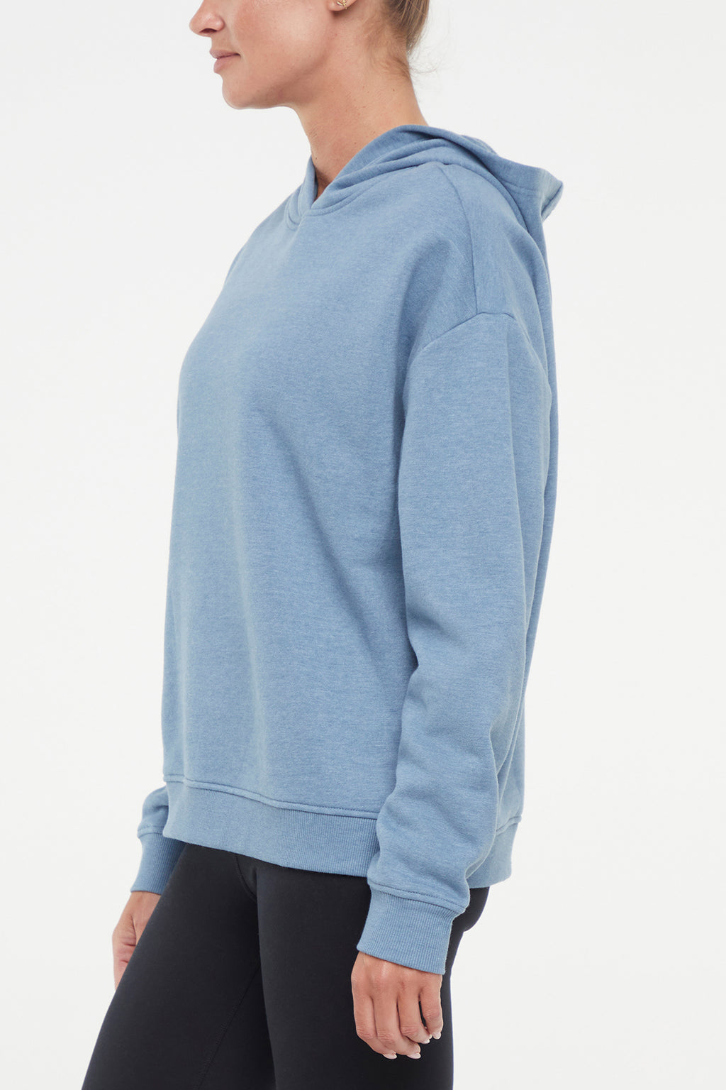 Camila Hoodie, alternate angle view, showing visible design features and texture of the soft fleece fabric.. #color_heather-bluestone