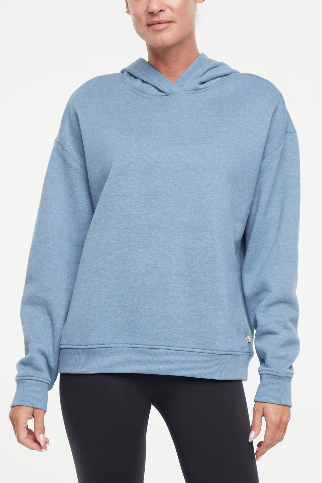 Camila Hoodie, alternate angle view, showing visible design features and texture of the soft fleece fabric.. #color_heather-bluestone