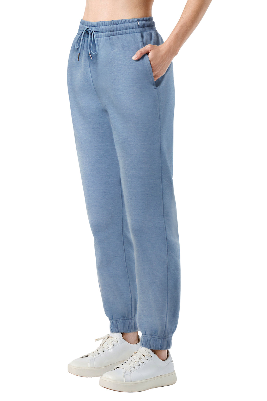 Camila Jogger, alternate angle view, showing visible design features and texture of the soft knit fabric.. #color_heather-bluestone