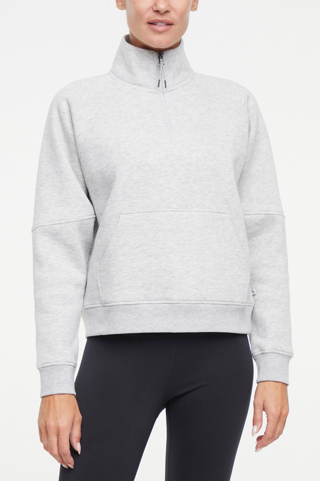 Camila 1/4 Zip Jacket, alternate angle view, showing visible design features and texture of the smooth woven fabric.. #color_heather-grey