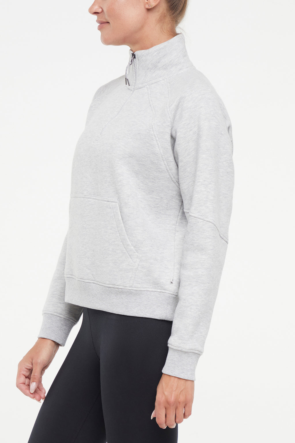 Camila 1/4 Zip Jacket, alternate angle view, showing visible design features and texture of the smooth woven fabric.. #color_heather-grey