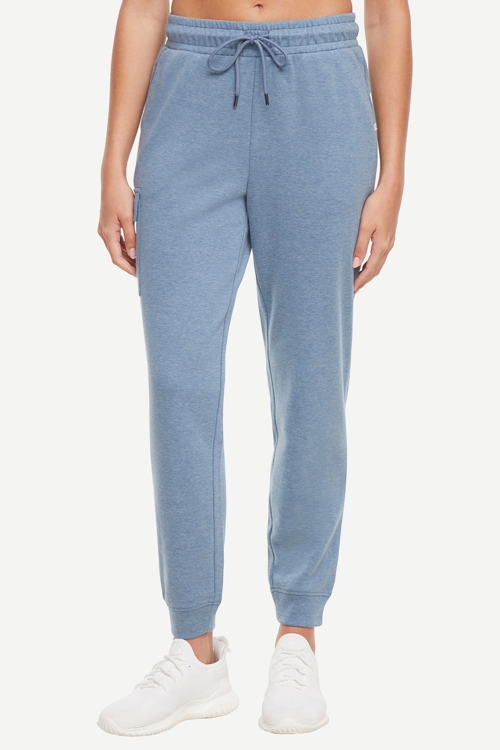 Journey Cargo Jogger, alternate angle view, showing visible design features and texture of the soft knit fabric.. #color_heather-bluestone